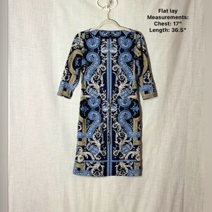 J McLaughlin Catalina Cloth Blue Baroque Paisley Sheath Dress Small 3/4 Sleeve